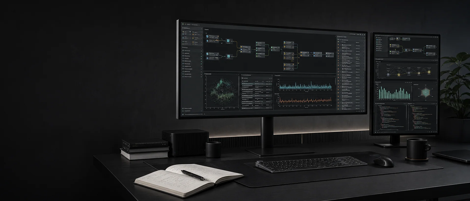AI engineering workspace with architecture flows, model evaluation charts, and code